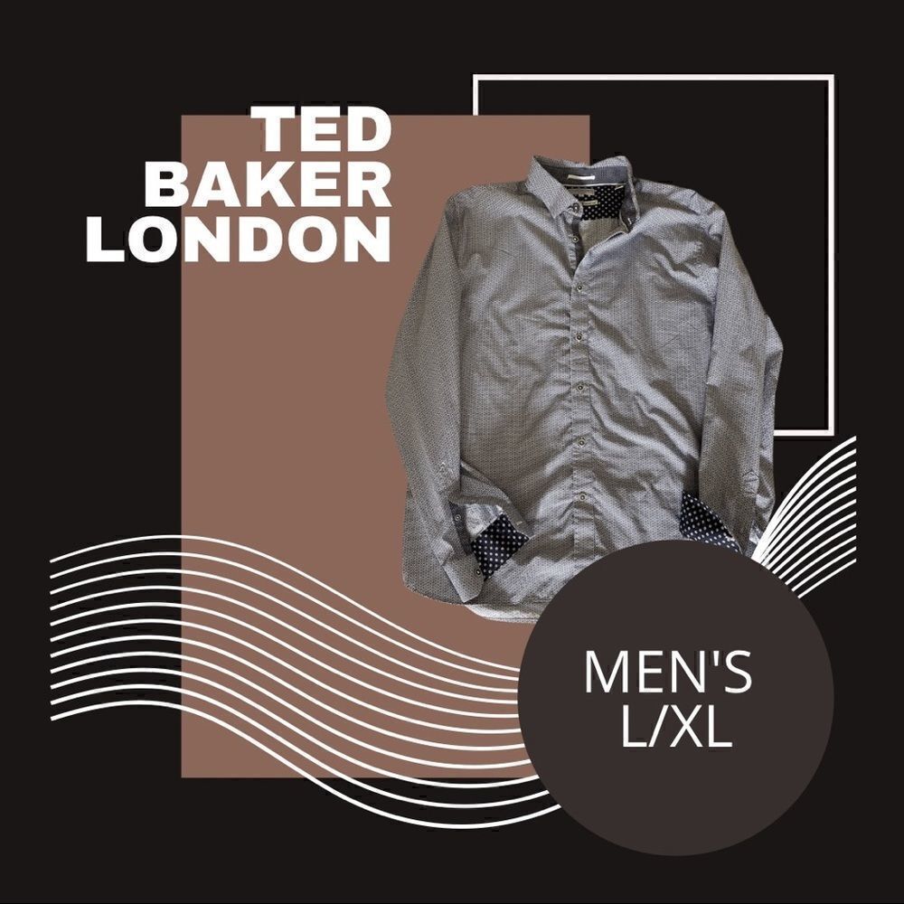 💼Ted Baker London Mens Button Down. Like New, Geometric Pattern Navy and White